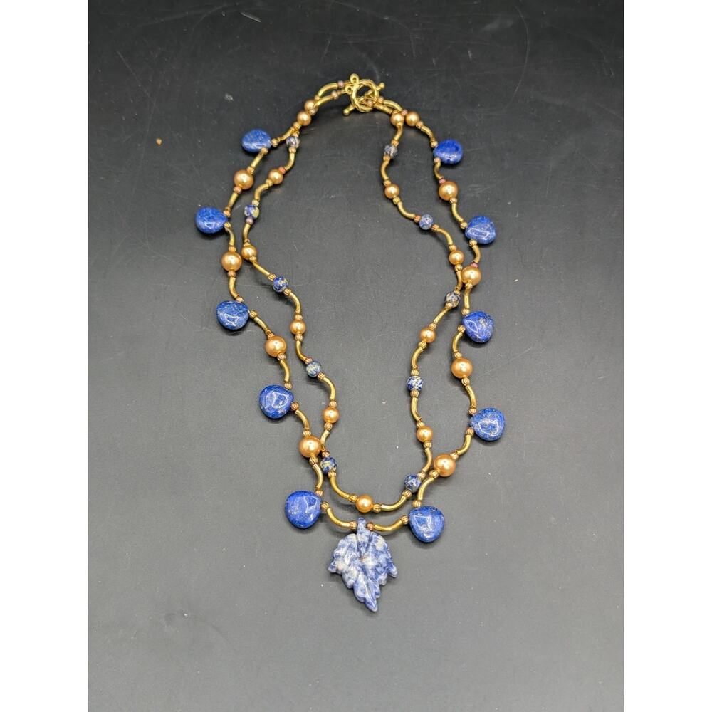Vintage Lapis Lazuli Leaf Bead Gold Tone Faux Pearl Artisan Statement Necklace